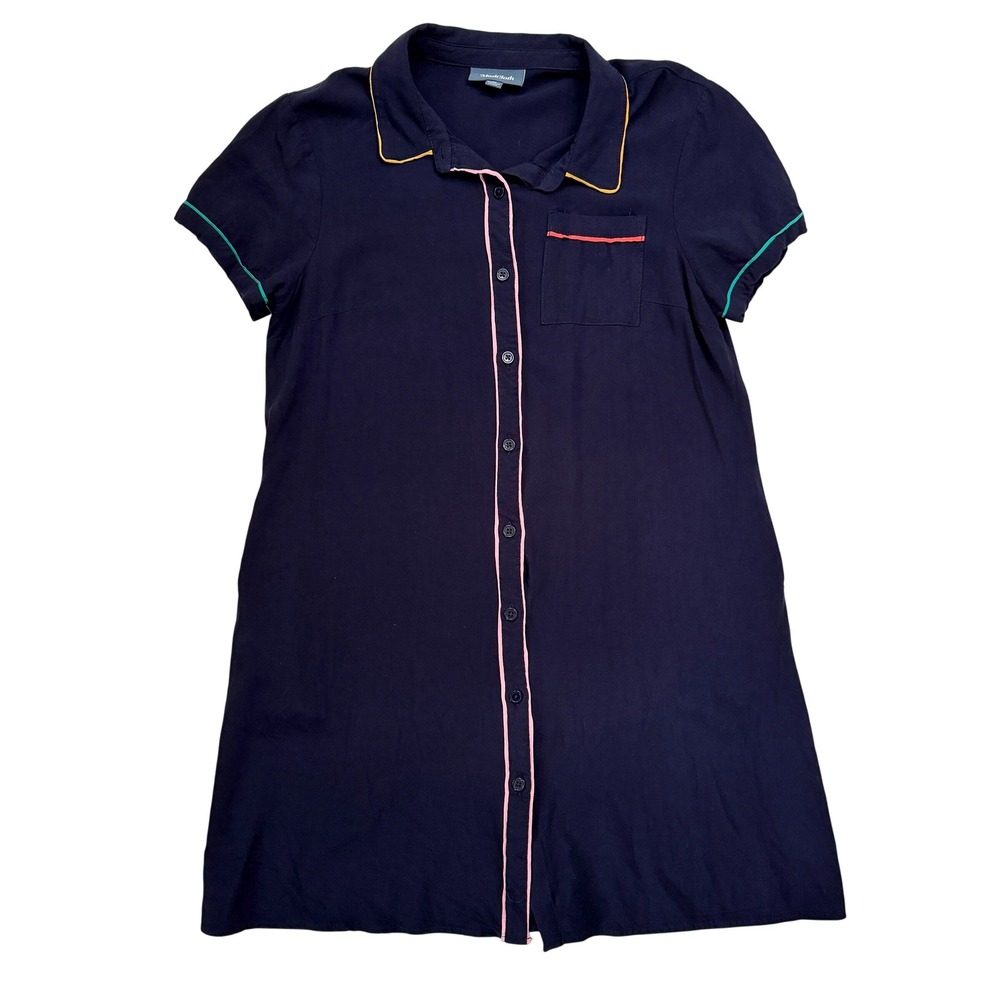 ModCloth Shirt Dress Women Navy Blue Multi Color Piping Button Front Size M